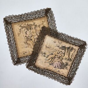 8.25in French Tapestry Doilies Lot of 2 Romantic Courting Scenes Crochet France